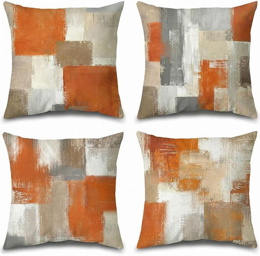 Modern Abstract Oil Painting Throw Pillow Covers 18x18 Set of 4, Burnt Orange and Grey Geometric Decorative Cushion Cases, Soft Polyester Art Covers for Sofa Couch Living Room Home Decor