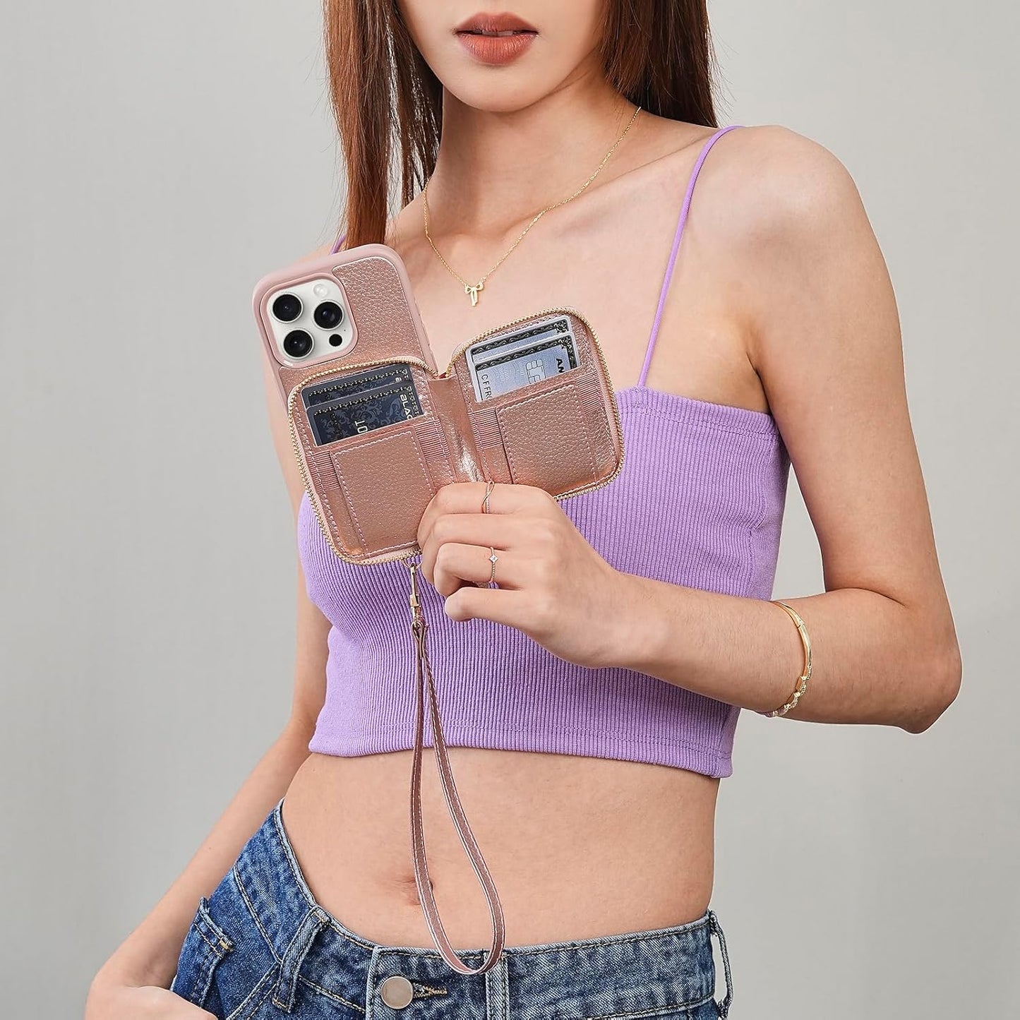 ZVE Wallet Case iPhone 15 Pro Max, Phone Case with Card Holder Wrist Strap, RFID Blocking Zipper Leather Gift Cover for Women for iPhone 15 Pro Max, 6.7"(2023) - Rose Gold"