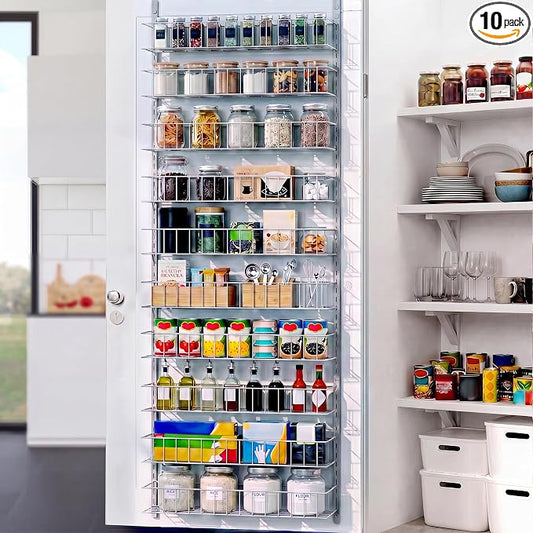 ElegantArray 10-Tier Pantry Door Oragnizer, Over The Door Pantry Organizer Rack and Storage, Hanging Spice Rack Shelves Door, Home Office Laundry Room Bathroom & Kitchen Organization, Light Gray