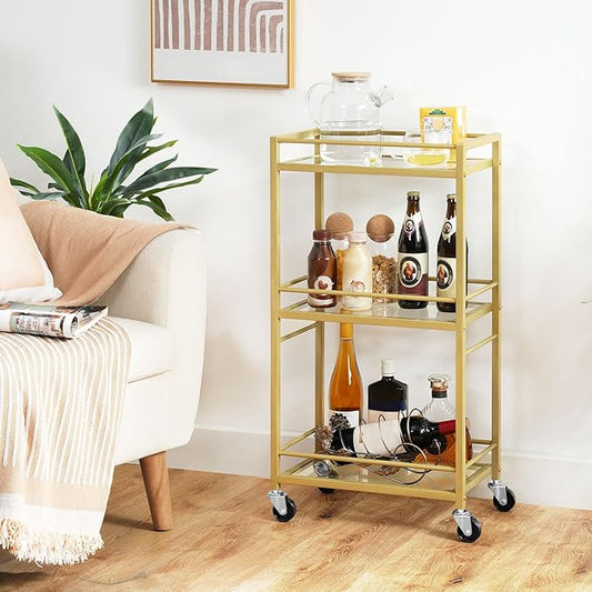 MAHANCRIS Bar Cart for The Home, 3-Tier Drink Cart on Wheels, Home Bar Serving Cart, Mini Bar Cart for Small Space, Kitchen, Dining Room, Gold RCJ40B01