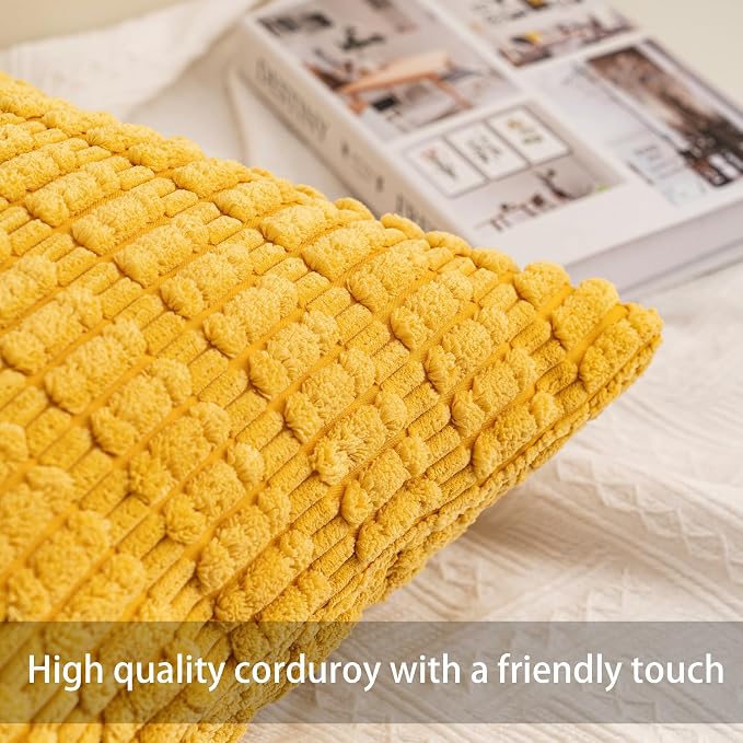 Aegero Pack of 2 Corduroy Decorative Throw Pillow Covers 20x20 InchSoft Boho Striped Pillow Covers Modern Farmhouse Home Decor for Sofa Living Room Couch Bed（Yellow）