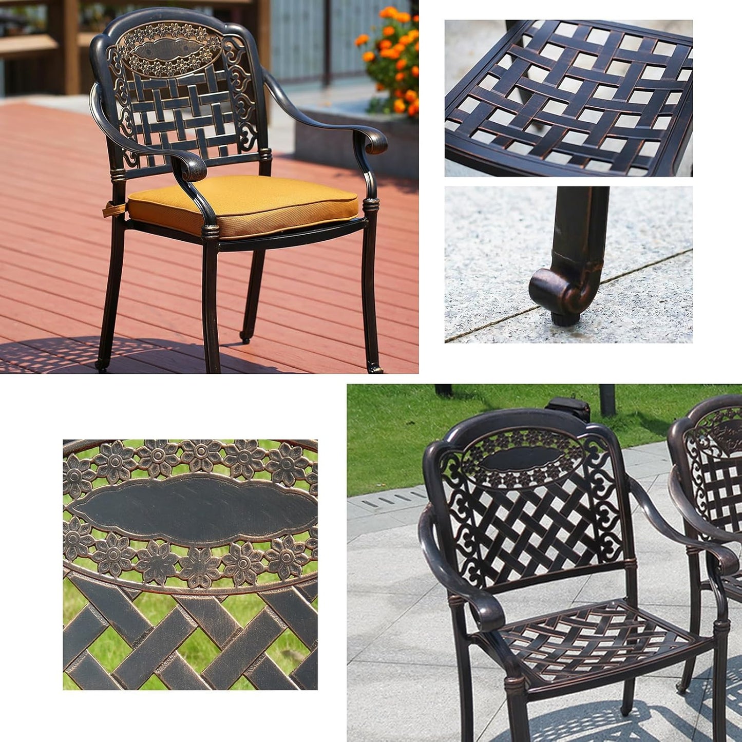 Outdoor Dining Chair Cast Aluminum Patio Chairs Set of 2 All-Weather Patio Dining Chair with Adjustable Feet for Backyard Garden (Orchid Chair)