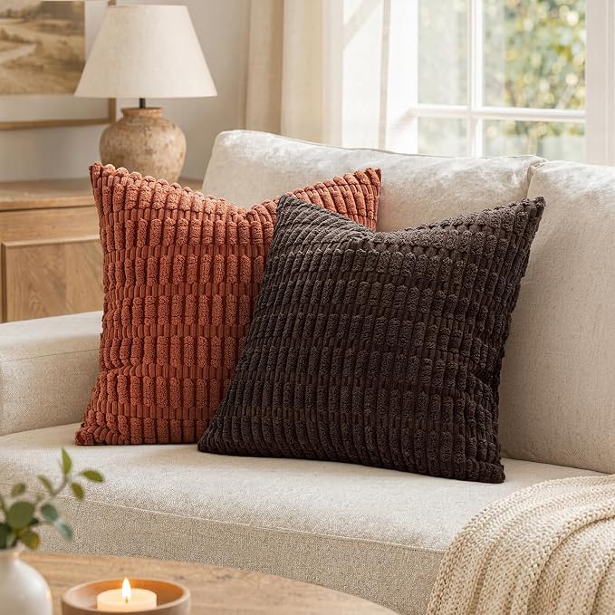 MIULEE Pack of 2 Corduroy Decorative Throw Pillow Covers 18x18 Inch Soft Boho Striped Pillow Covers Modern Farmhouse Home Decor for Sofa Living Room Couch Bed Dark Brown