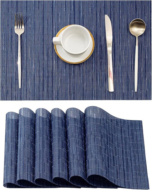 Leetaltree Blue Placemats Set of 6 - Heat Resistant Non-Slip Place mats for Dining Table, Washable Durable PVC Vinyl Woven Table Mats（Blue, 6）