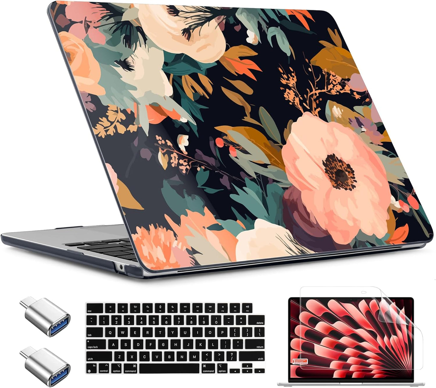 TWOLSKOO Compatible with M4 MacBook Air 15 inch Case 2025-2023 Released Model M4 A3241 M3 A3114 M2 A2941, Plastic Hard Shell & Screen Protector & Keyboard Cover &Type C Adapter, Bright Abstract Flower