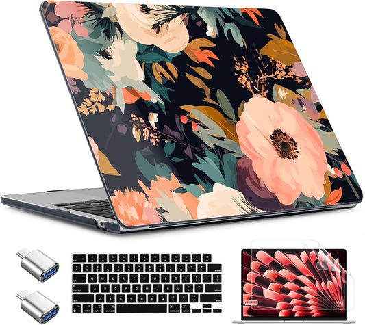 TWOLSKOO Compatible with M4 MacBook Air 15 inch Case 2025-2023 Released Model M4 A3241 M3 A3114 M2 A2941, Plastic Hard Shell & Screen Protector & Keyboard Cover &Type C Adapter, Bright Abstract Flower