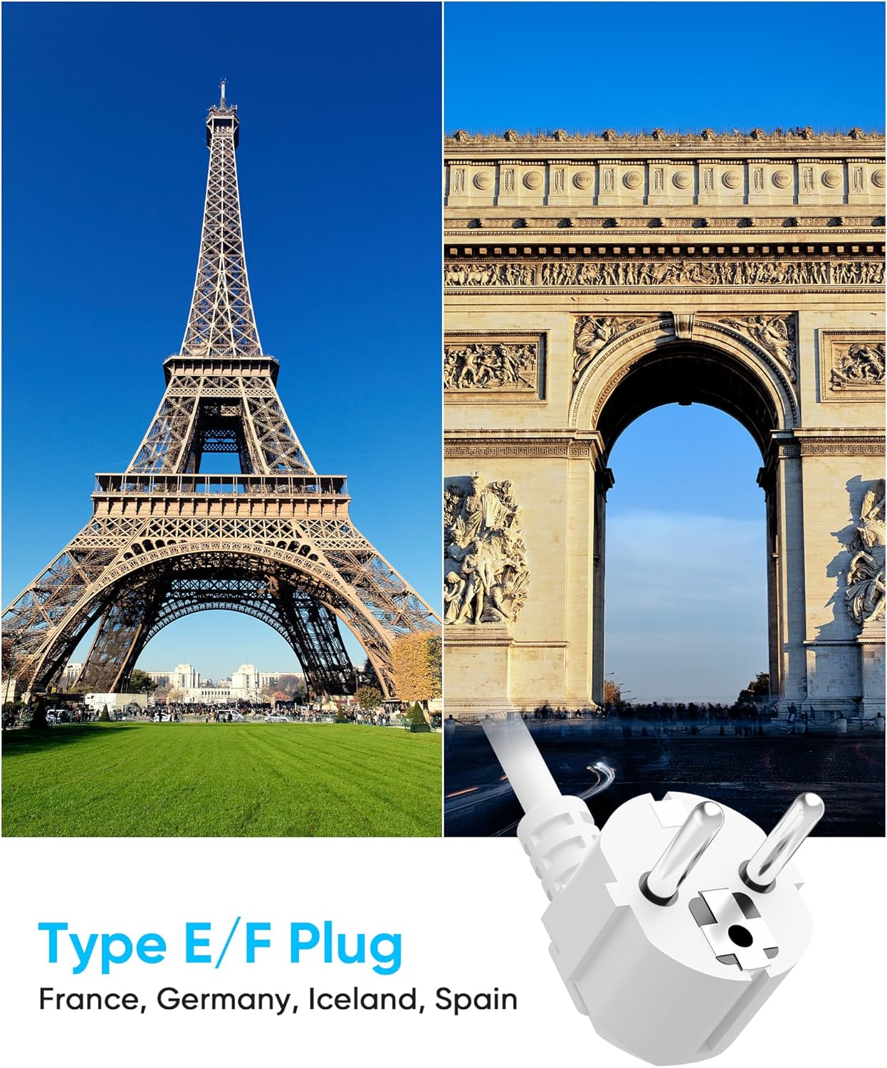 European Travel Plug Adapter, Olcorife US to Europe Type E/F Plug Adapter, International Power Strip with 8 Outlets and 4 USB(1 USB-C), 5 FT Cord for Germany France Iceland Spain
