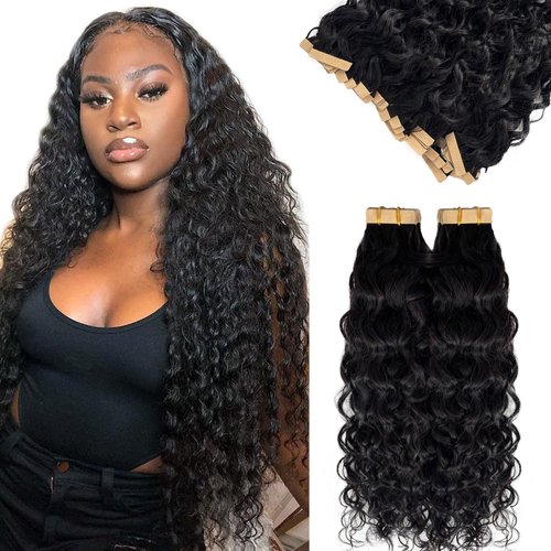 Water Wave Hair Extensions Tape in Weft Hair Extensions Real Human Hair 100G 40 Pieces Remy Curly Tape in Hair Extension Human Hair #1B Black Water Wave Tape ins 20 Inch 2 Sets for Full Head
