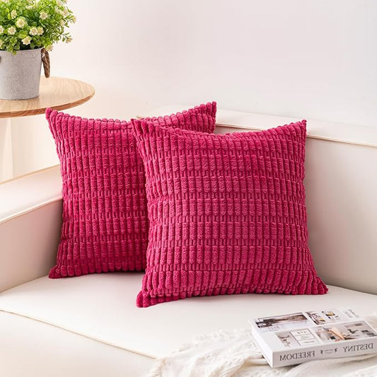 Aegero Pack of 2 Corduroy Decorative Throw Pillow Covers 24x24 Inch Soft Striped Pillow Covers Modern Farmhouse Home Decor for Sofa Living Room Couch Bed（Rose Red）