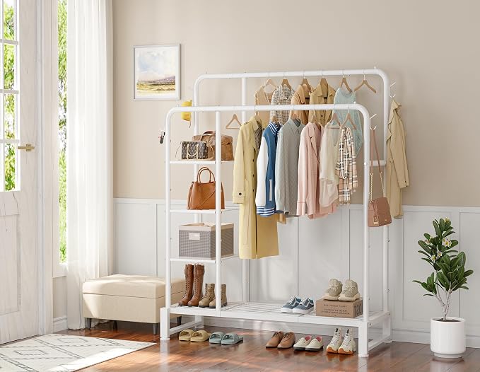 Double Rods Clothes Rack Clothing Rack with 4 Tier Storage Shelves Clothes Rack for Hanging Clothes Multifunctional Heavy Duty Clothes Organizer with Hooks for Bedroom,Wardrobe Closet,Shop,White