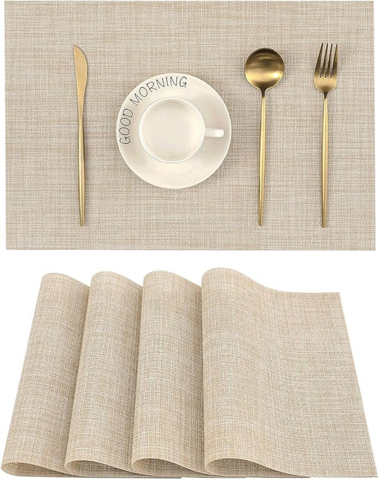 Leetaltree Beige Placemats Set of 4 - Heat-Resistant, Non-Slip Table Mats, Washable Woven Vinyl for Indoor & Outdoor Dining
