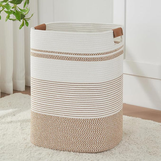 AINUOQI Laundry Basket with Handles - Blanket Basket & Hampers for Bedroom Aesthetic, Laundry Hamper & Blanket Storage for Living Room, Clothes Hamper, Tall, Large 17" x 14" x 22”, Brown & White