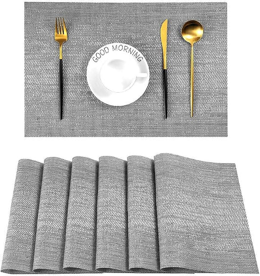 Leetaltree Grey Placemats, Heat Resistant Non-Slip Place mats for Dining Table, Washable Durable PVC Vinyl Woven Table Mats (Set of 6)