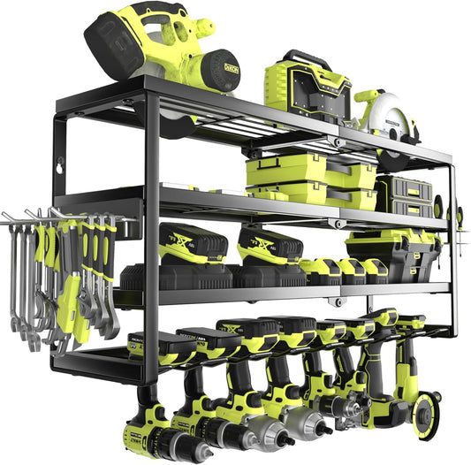 4 Layer Power Tool Organizer Wall Mount, Battery Tools Holder with Charging Station Shelf, Cordless Drill Hanger Storage Rack for Garage Organization, Workshop, Pegboard - 32 Inch 8 Slots