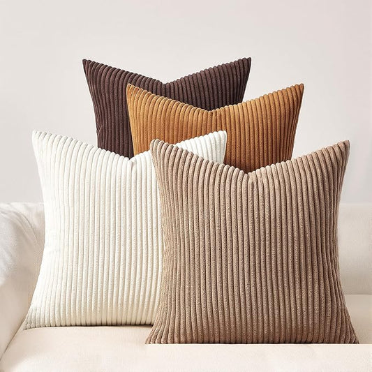 Topfinel Rustic Throw Pillow Covers 18x18 Inch Set of 4 Soft Farmhouse Corduroy Striped Decorative Cushion Cover Gold Brown Gradient Fall Pillow Case for Sofa Couch Living Room Bedroom