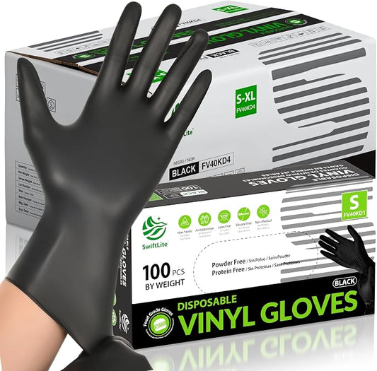 SWIFTLITE Black Vinyl Gloves, Food Grade Gloves Disposable Latex Free & Powder Free, Guantes for Cleaning Cooking Food Prep
