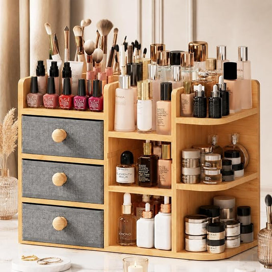 Large Makeup Organizer For Vanity, Large Capacity 3 Tiers Bamboo Bathroom Counter Organizers and Storage, Countertop Makeup Brush Holder, Nail Polish Perfume Stand with 3 Drawers and 10 Compartments