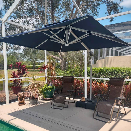 PURPLE LEAF 9' X 12' Double Top Deluxe Solar Powered LED Rectangle Patio Umbrella Offset Hanging Umbrella Outdoor Market Umbrella Garden Umbrella,Navy Blue