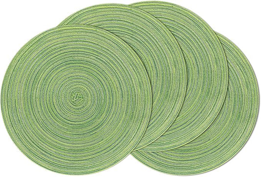 SHACOS Round Placemats Set of 4 Round Table Placemats Braided Cotton Place Mats 15 inch for Kitchen Dining Table Holiday Party (Mixed Color Pea Green, 4)