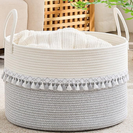 KAKAMAY Cotton Rope Storage Basket (20"x13"),Woven Hamper for Blankets,Toys,Pillows,Clothes,Laundry,Sturdy Handles Decorative Basket for Living Room, Bedroom,Nursery(Grey/Black)