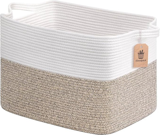 Goodpick Woven Baskets for Organizing, 18" x 14" x 12" Blanket Storage for Living Room Home Decor, Rectangle Toy Storage Basket for Kids, Large Gift Baskets Empty, White & Brown