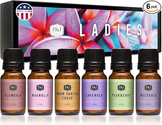 P&J Trading Fragrance Oil Ladies Set | Pearberry, Lavender, Warm Vanilla Sugar, Plumeria, Magnolia, Wisteria Candle Scents for Candle Making, Freshie Scent, Soap Making Supplies, Diffuser Oil Scents