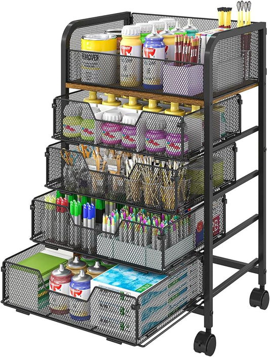 Yociyoga 5-Tier Craft Cart with Wheels-Rolling Storage Cart with Drawers,Rolling Utility Cart with DIY Divider,Art Supply Organizer Cart,Rolling Cart with Drawers,Craft Organizers and Storage,Black