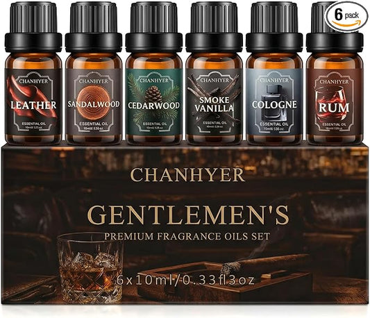 Essential Oils for Diffusers for Home Gentlemen's Set Fragrance Scents 6x10ml-Leather,Sandalwood,Cedarwood,Smoke Vanilla,Cologne,Rum for Aromatherapy,Humidifiers&Massage