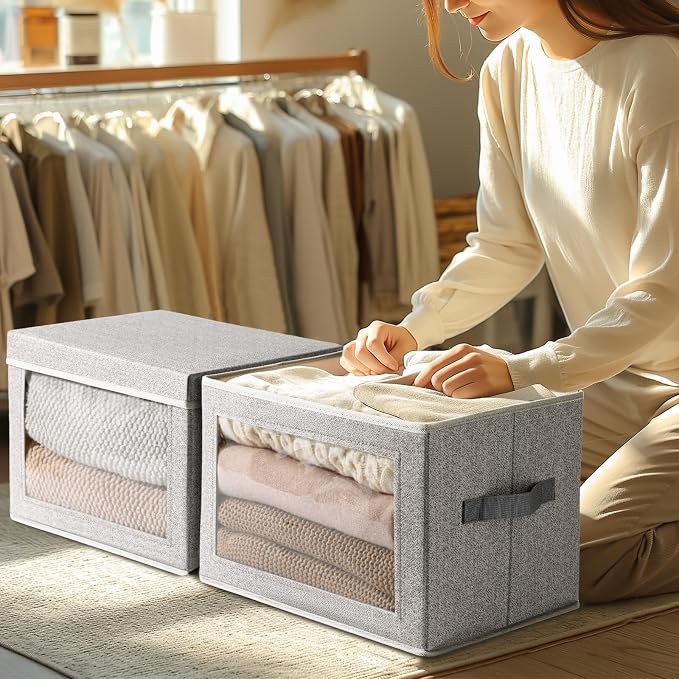 Homsorout Foldable Storage Bin with Lid - Closet Storage Organizer with Window, Storage Bins with Lids for Clothes, Fabric Storage Baskets for Shelves, Bedroom, Dorm, Light Grey, 4 Pack