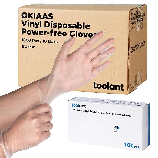 OKIAAS Disposable Gloves S, Bulk of 1000 Pcs|Latex and Powder-Free Clear Vinyl Gloves for Household, Food Handling, Lab Work and more, 10 Dispenser Boxes