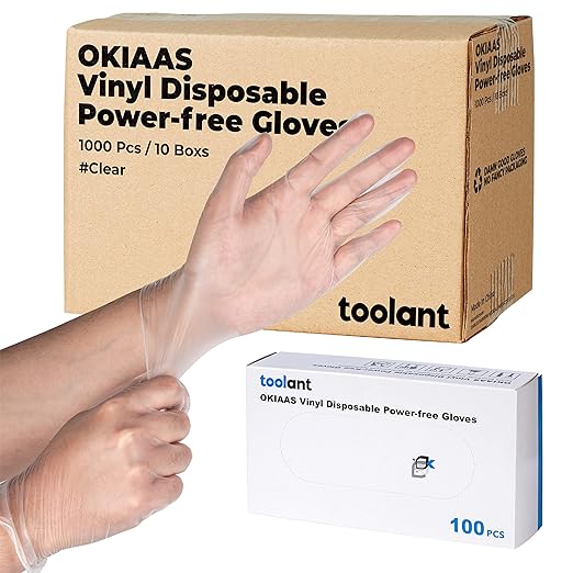 OKIAAS Disposable Gloves M, Bulk of 1000 Pcs|Latex and Powder-Free Clear Vinyl Gloves for Household, Food Handling, Lab Work and more, 10 Dispenser Boxes