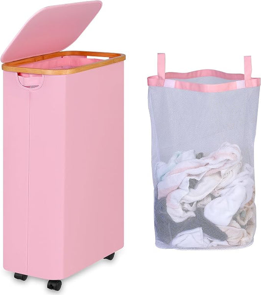 iEGrow 75L Laundry Hamper with Wheels,Clothes Hamper for Laundry,Laundry Basket with Lid and Inner Bag, for Laundry Room, Bedroom, Dormitory Storage,Pink