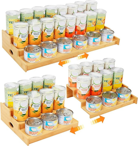 Expandable Can Rack Organizer for Pantry, 3 Tier Bamboo Adjustable Can Storage Holder, Soda Organizer Holds Up to 24 Cans, Canned goods Storage Display Shelf for Kitchen,Countertop, Cabinet