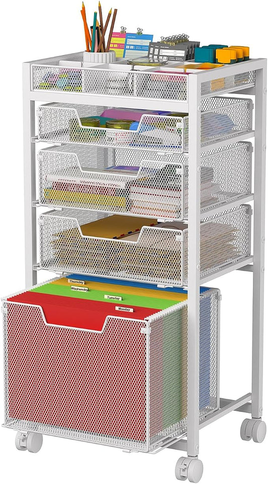 Rolling File Cart with 4 Storage Drawers, Under Desk Filing Cabinet with DIY Divider, Hanging File Folder Organizer on Wheels, Fits A4/Letter Size, Metal Utility Cart for Home Office, White