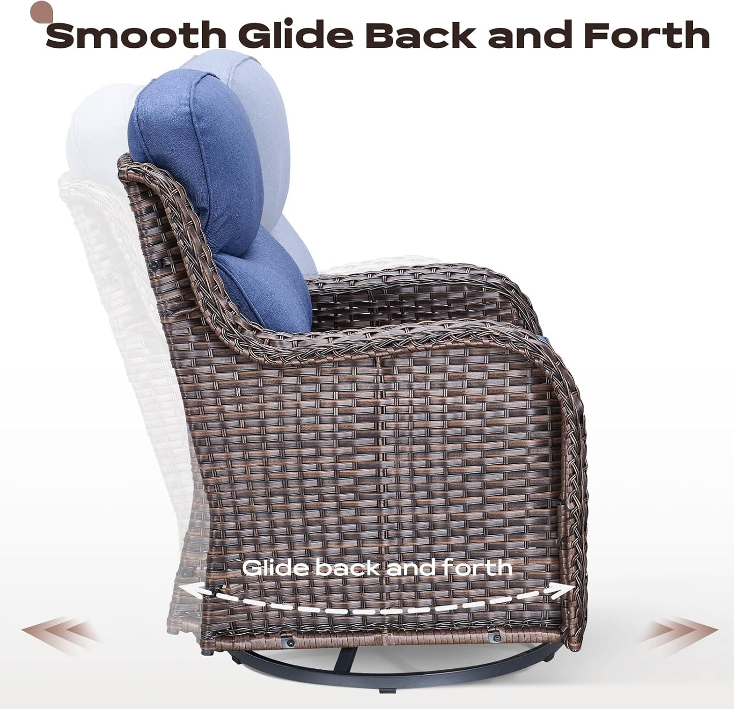 Wicker Outdoor Patio Furniture Set - 8 Piece Patio Conversation Sets with Swivel Rocker Chairs, Ottomans, Sofa and Coffee Table, 6 inch Cushions, Deep Seating, for Porch Deck Brown/Blue