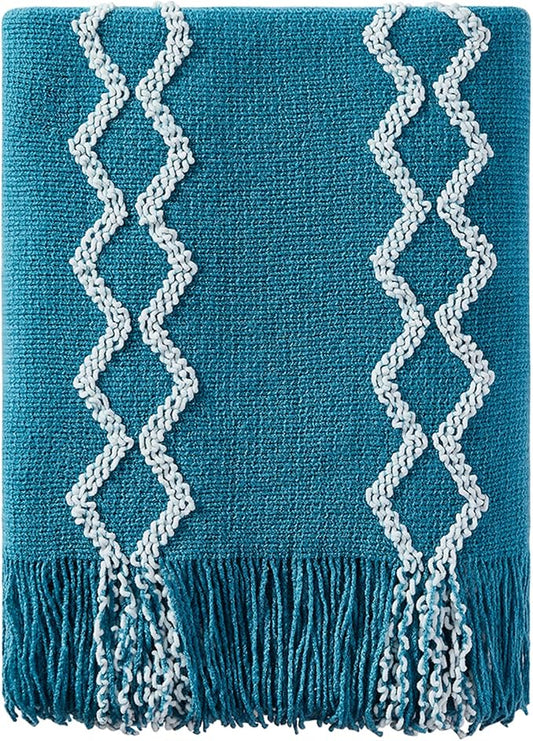 BOURINA Fluffy Chenille Knitted Fringe Throw Blanket Lightweight Soft Cozy for Bed Sofa Chair Throw Blankets, Teal 50" x 60"
