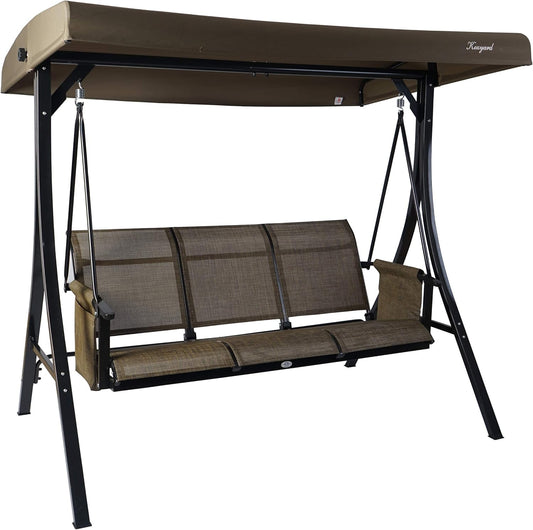 Kozyard Brenda 3-Seat Patio Swing Chair, Outdoor Porch Swing Glider with Adjustable Canopy, Side Pouches, Breathable Seat and Back, for Garden, Poolside, Backyard (Taupe)