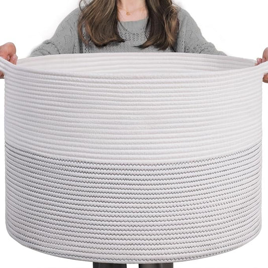 INDRESSME XXXLarge Cotton Rope Basket 21.7" x 21.7" x 13.8" Woven Baby Laundry Basket for Blankets Toys Storage Baskets with Handle Comforter Cushions Storage Bins Thread Laundry Hamper-Black Stitch