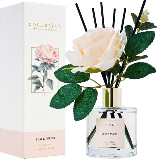 Cocorrina Reed Diffuser Set, Flower Reed Diffuser Black Forest 6.7 oz, Scented Diffuser with Sticks Home Fragrance Essential Oil for Bathroom Shelf Decor, Living Room, Large Room, 1pack