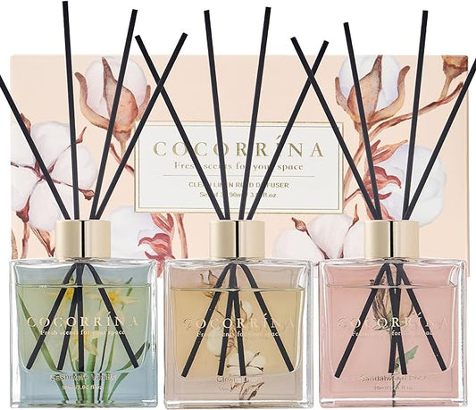 COCORRÍNA Reed Diffuser Set of 3-3 Pack/ 3.04 Fl.oz Diffuser with 24 Sticks Cashmere Vanilla/Sandalwood Rose/Clean Linen Reed Diffuser for Home Bathroom Office Decor