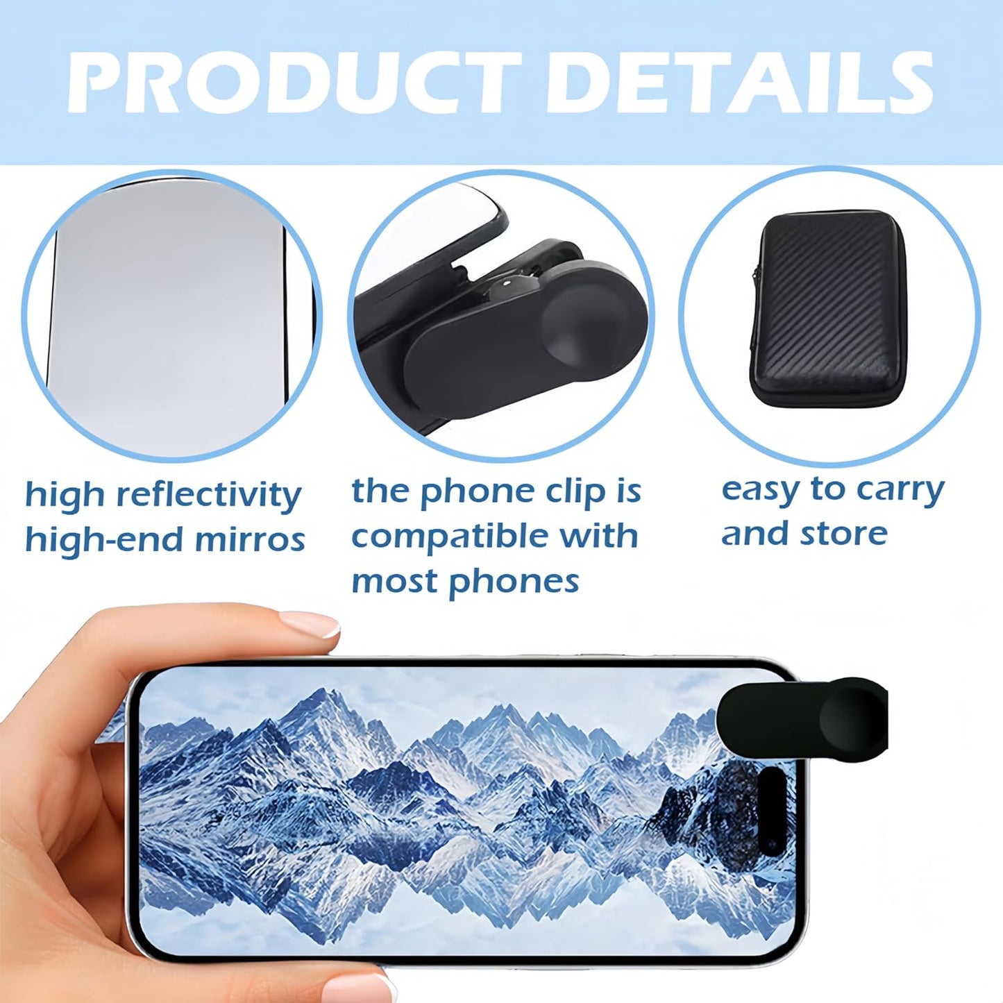Mirror Effect Lens, Smartphone Camera Mirror Reflection Clip Kit Phone Camera Shooting Reflection Mirror Adjustable HD Glass Smartphone Photography Flip Mirror for All Phones (Black)