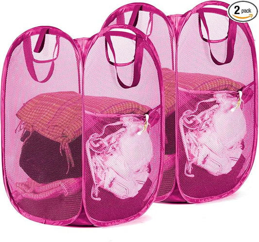 HOUSE AGAIN 2 Pcs Pop Up Laundry Hamper, Strong Mesh Laundry Baskets Collapsible, Hamper with Handles and Side Pocket, Portable Foldable Dirty Clothes for Dorm, Laundry room and Travel Storage, Pink
