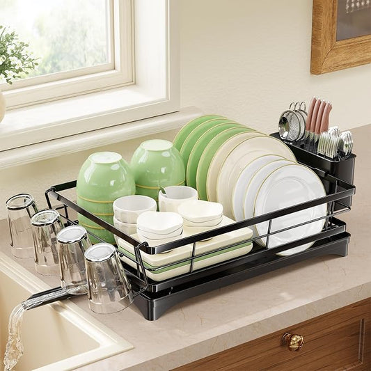 Simple Trending Dish Drying Rack for Kitchen Counter, Stainless Steel Dish Rack, Large Dish Drainer Organizer with Cutlery Holder & Cup Holders, Black