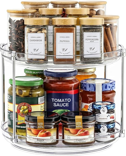 2 Tier Non-Skid Acrylic Lazy Susan Organizer - Rotating Spice Rack - Turntable Organization for Kitchen, Pantry, Countertop, Closet, Bathroom, Vanity, Medicine Cabinet Organizing,10''