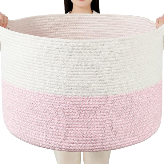 Foldable Laundry Hamper Basket with Collapsible Handle Cotton Rope Soft Woven Fabric Storage Organizer Clothes Toys Nursery Bedroom Dorm Space Saving Bin (White & Pink, 115L(23.6"D x 15.7"H))