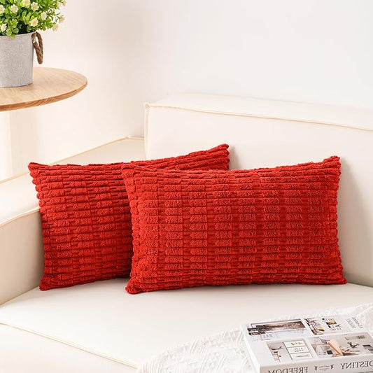 Aegero Pack of 2 Christmas Red Corduroy Decorative Throw Pillow Covers 12x24 Inch Soft Striped Pillow Covers Modern Farmhouse Home Decor for Sofa Living Room Couch Bed（Red）