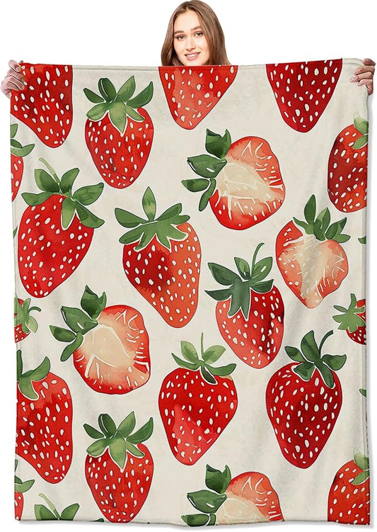 Strawberry Blanket,Sweet Juicy Red Fruit Throw Blankets,Gifts for Kids & Foodies & Summer Lovers,Lightweight Soft Fleece,for Picnic Sofa Couch Bed Room Travel,Birthday Decor,60x80in