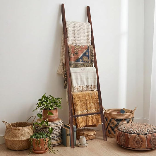 Sintuff Blanket Ladder for Living Room, 5.5ft Wooden Blanket Rack, 5-Tier Natural Leaning Tapered Ladder Shelf for Farmhouse Bedroom Living Room Bathroom Decor, Walnut Brown