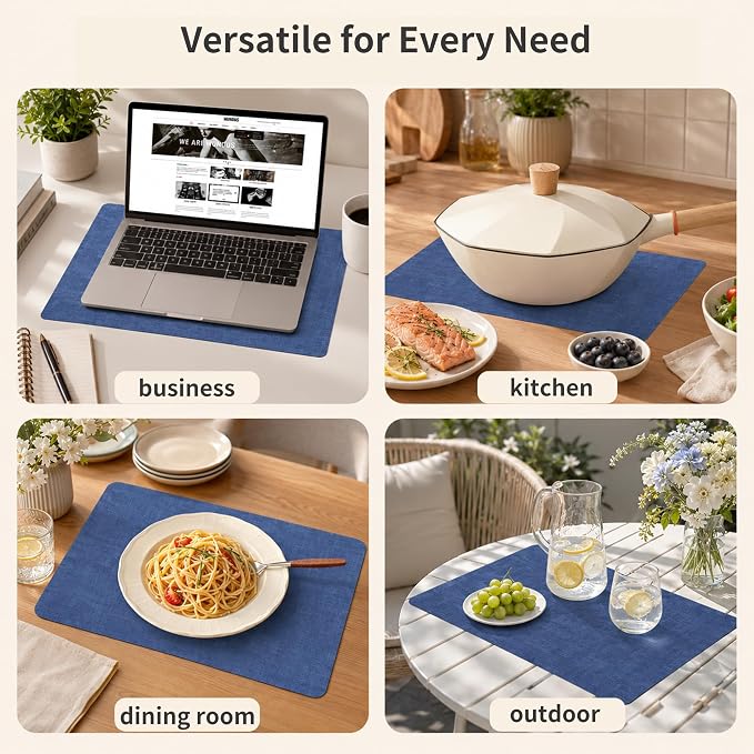 Maxpearl Faux Leather Placemats Set of 6 - Waterproof - Wipe Clean - Heat Resistant - Anti Slip Dining Table Place Mats, Suitable for Indoor & Outdoor Use, 17’’×12’’, Navy Blue