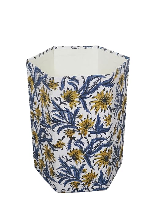 3.3 Gallon Cotton Hand Block Printed Paper Waste Basket |Small Decorative Trash Can for Housewarming Gifts in Living Room, Bedroom, Bathroom | Eco-Friendly, Plastic-Free (1, Blue Yellow FLOWAR)